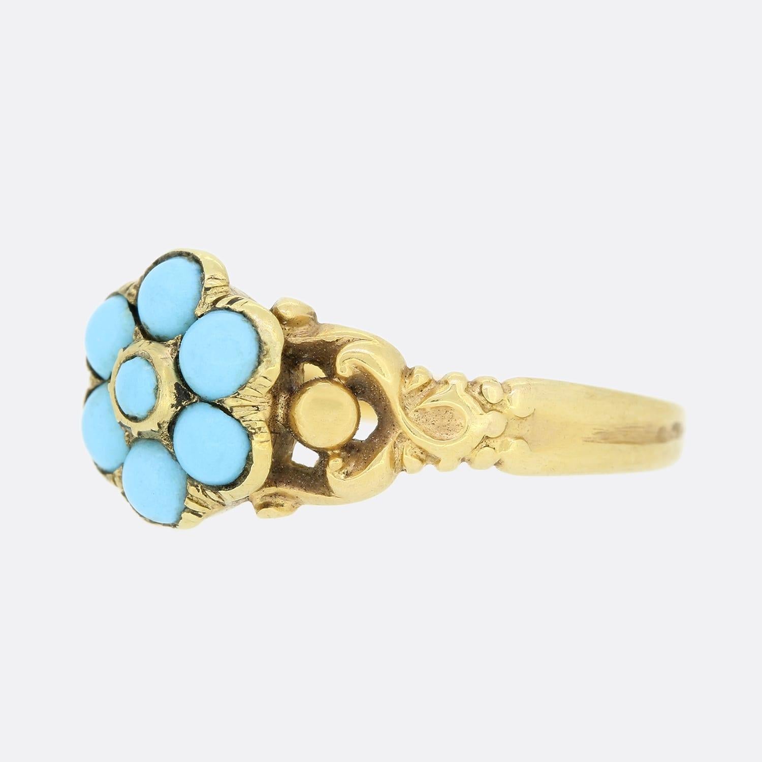 This is a wonderful 18ct yellow gold turquoise cluster ring. The ring features 7 well-matched turquoise stones that are set in between lovely patterned shoulders. The turquoise stones represent the petals of a Forget-Me-Not flower.

Condition: Used