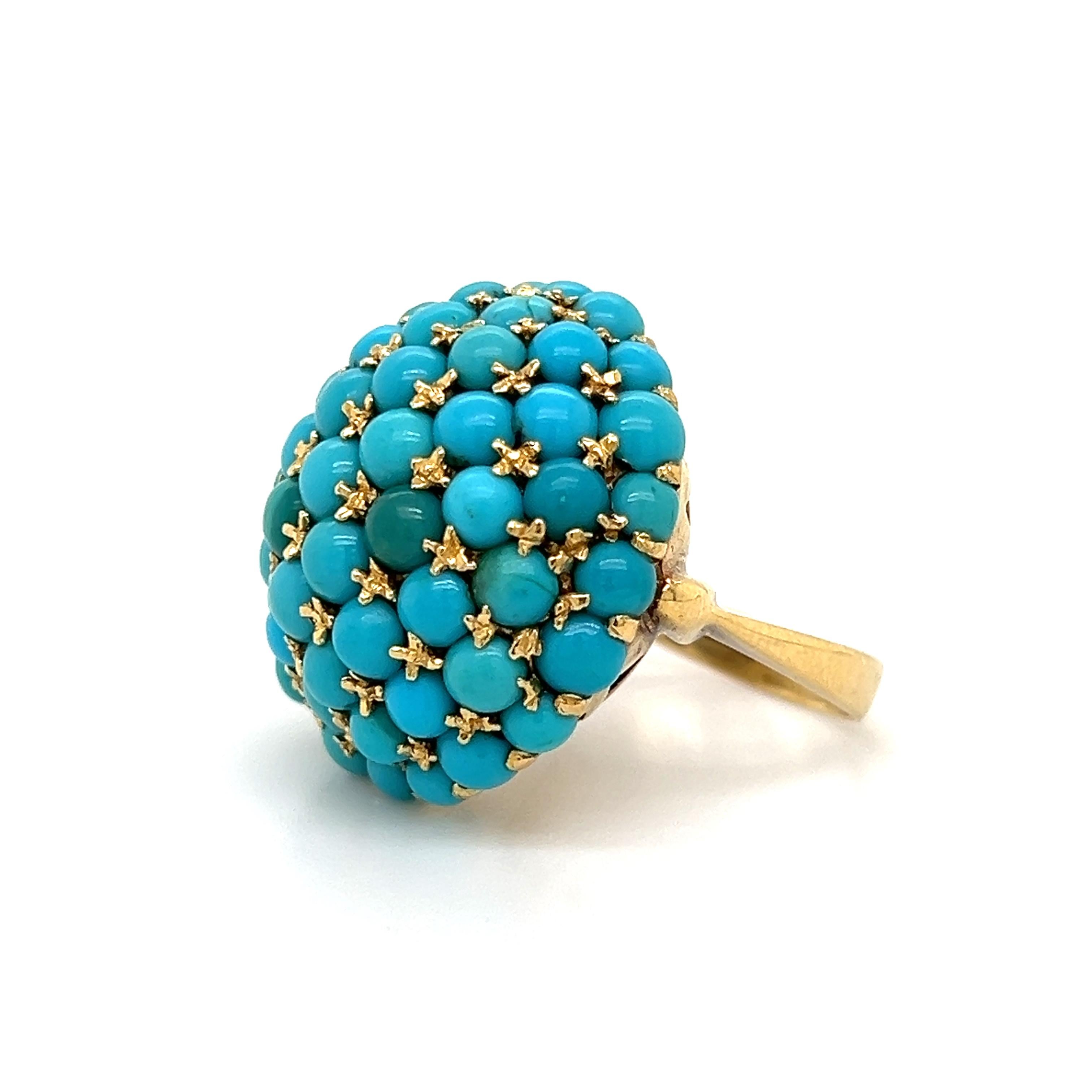 Cabochon Victorian Turquoise Gemstone Bombe Cocktail Ring 18k Yellow Gold For Sale