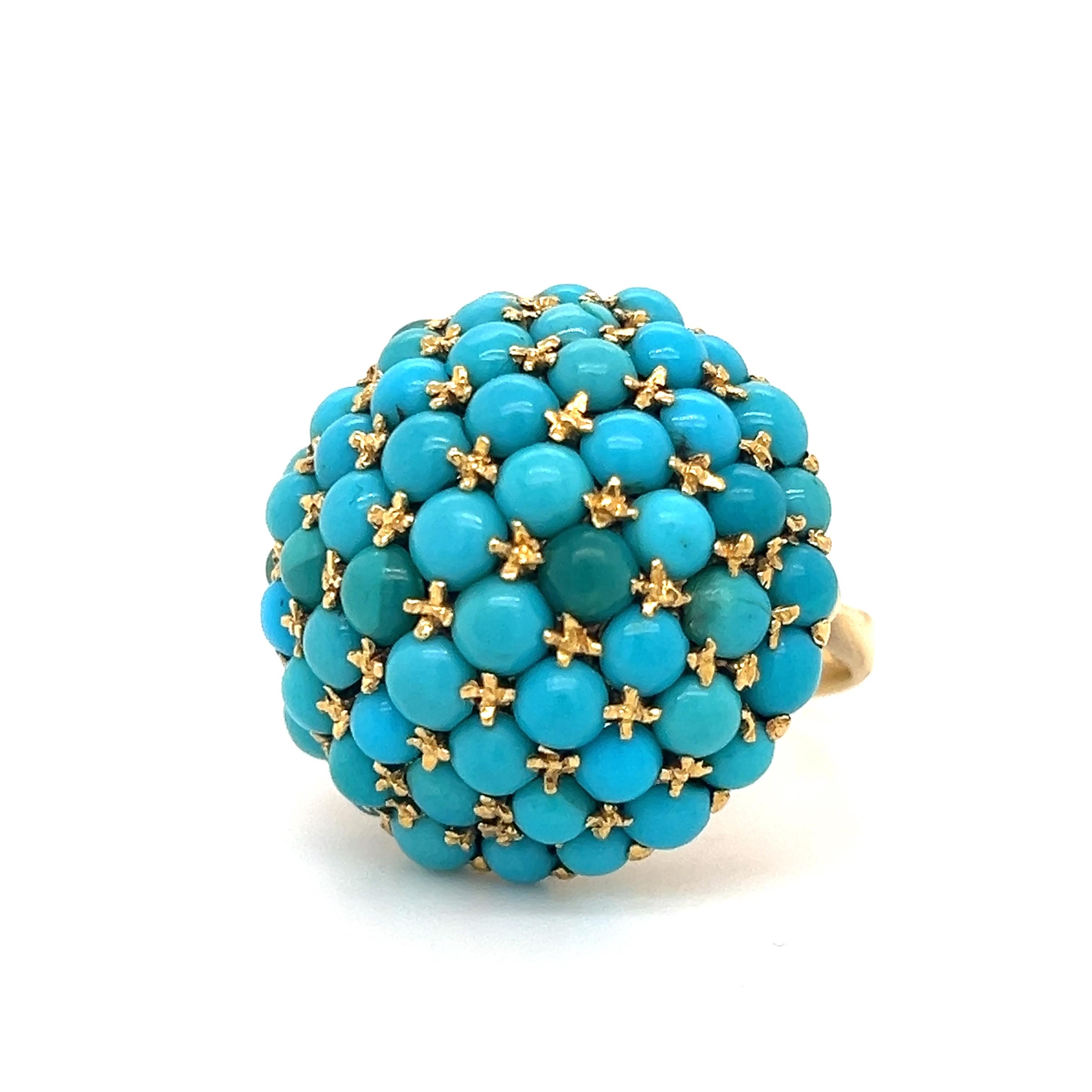Women's or Men's Victorian Turquoise Gemstone Bombe Cocktail Ring 18k Yellow Gold  For Sale
