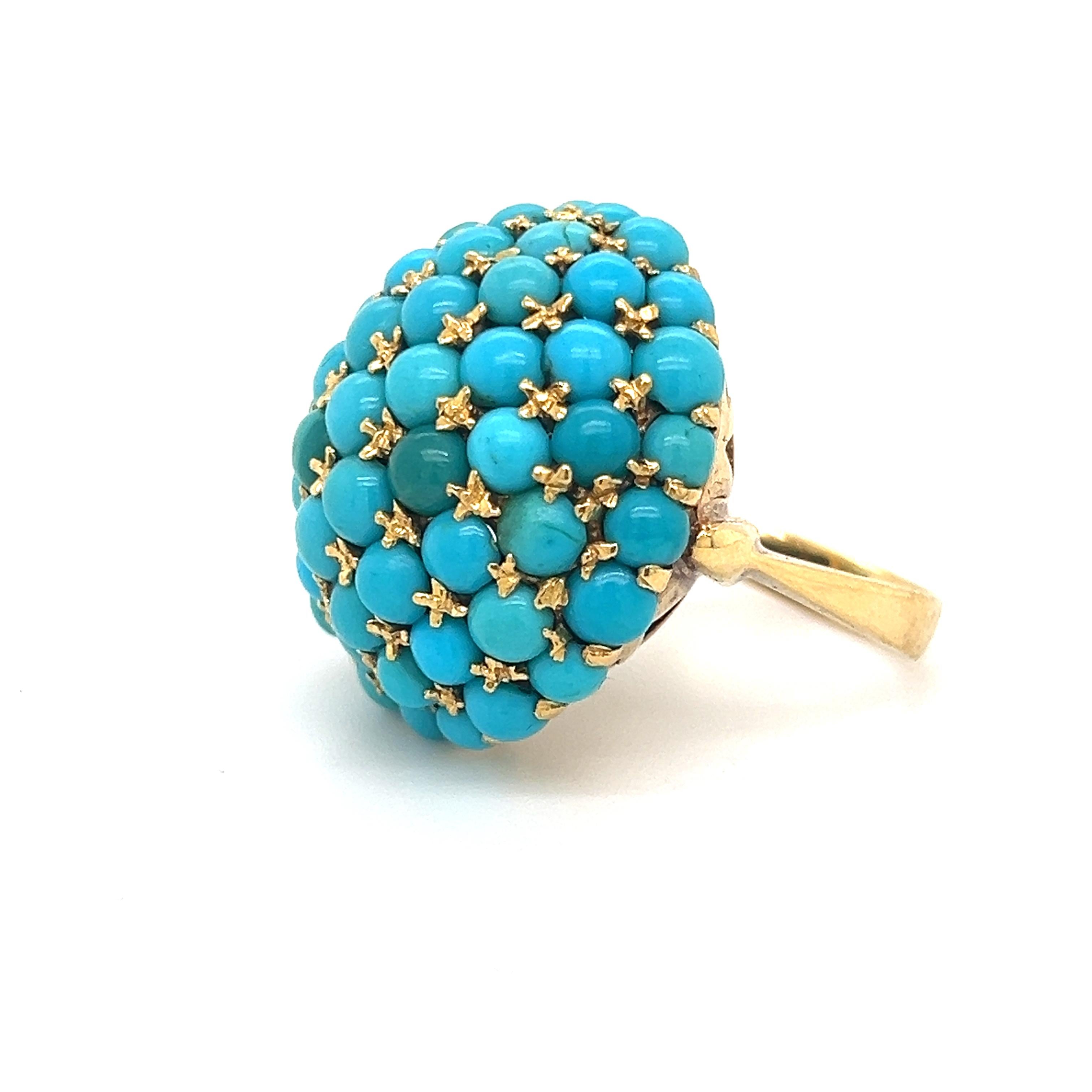 Victorian Turquoise Gemstone Bombe Cocktail Ring 18k Yellow Gold  For Sale 1