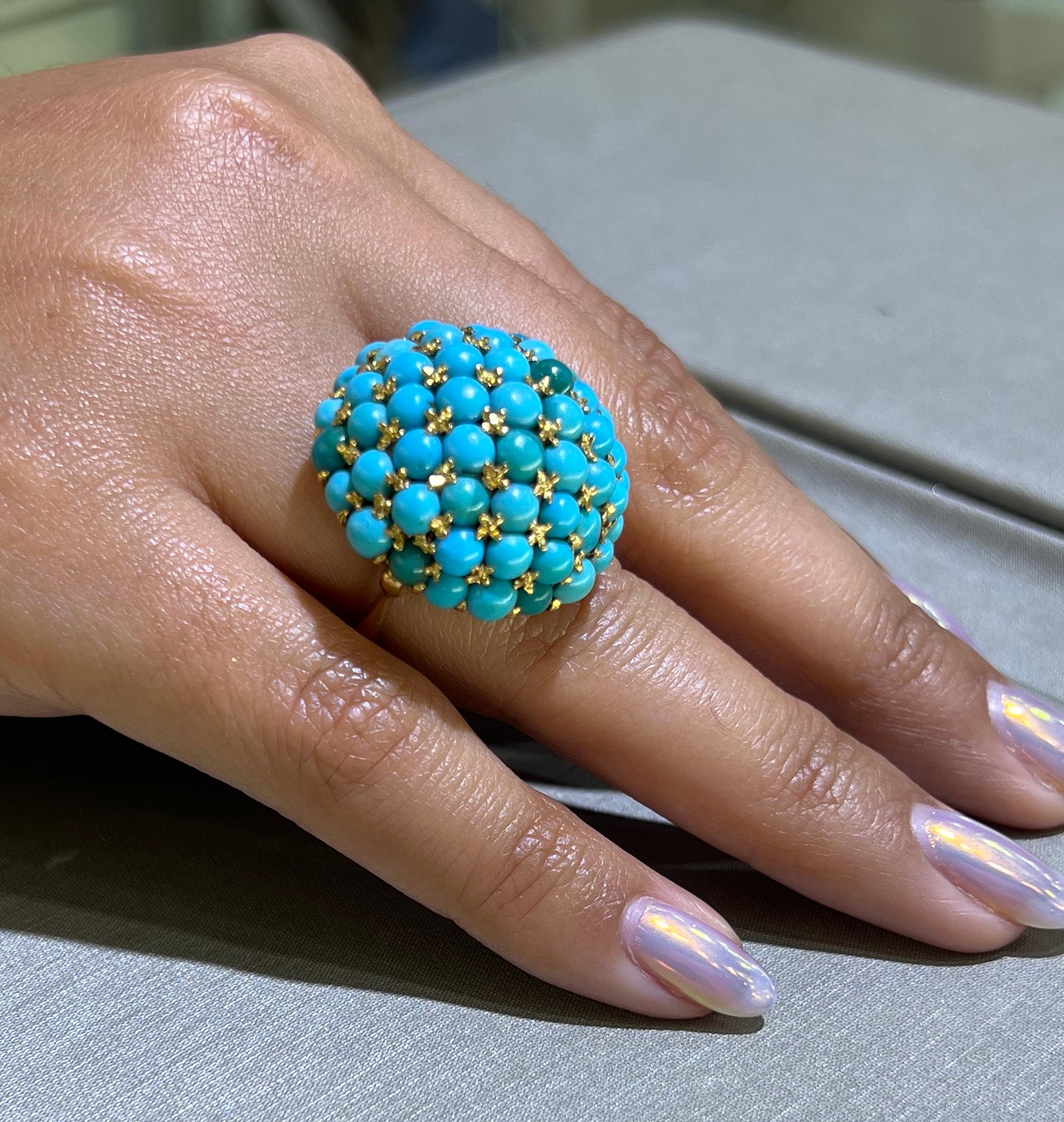 Victorian Turquoise Gemstone Bombe Cocktail Ring 18k Yellow Gold  For Sale 3