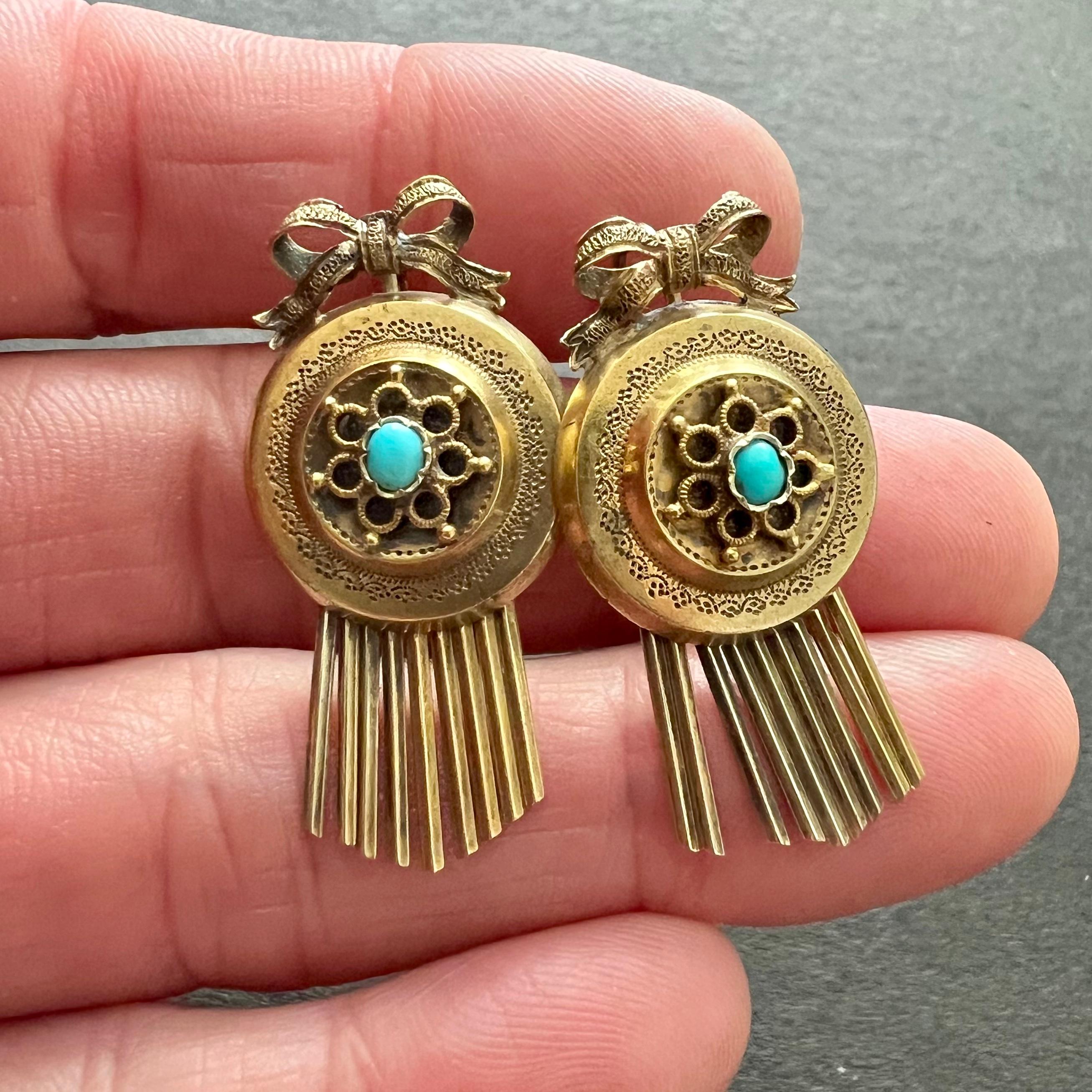 Round Cut Antique Victorian Turquoise Gold Fringe Dangle Earrings  For Sale