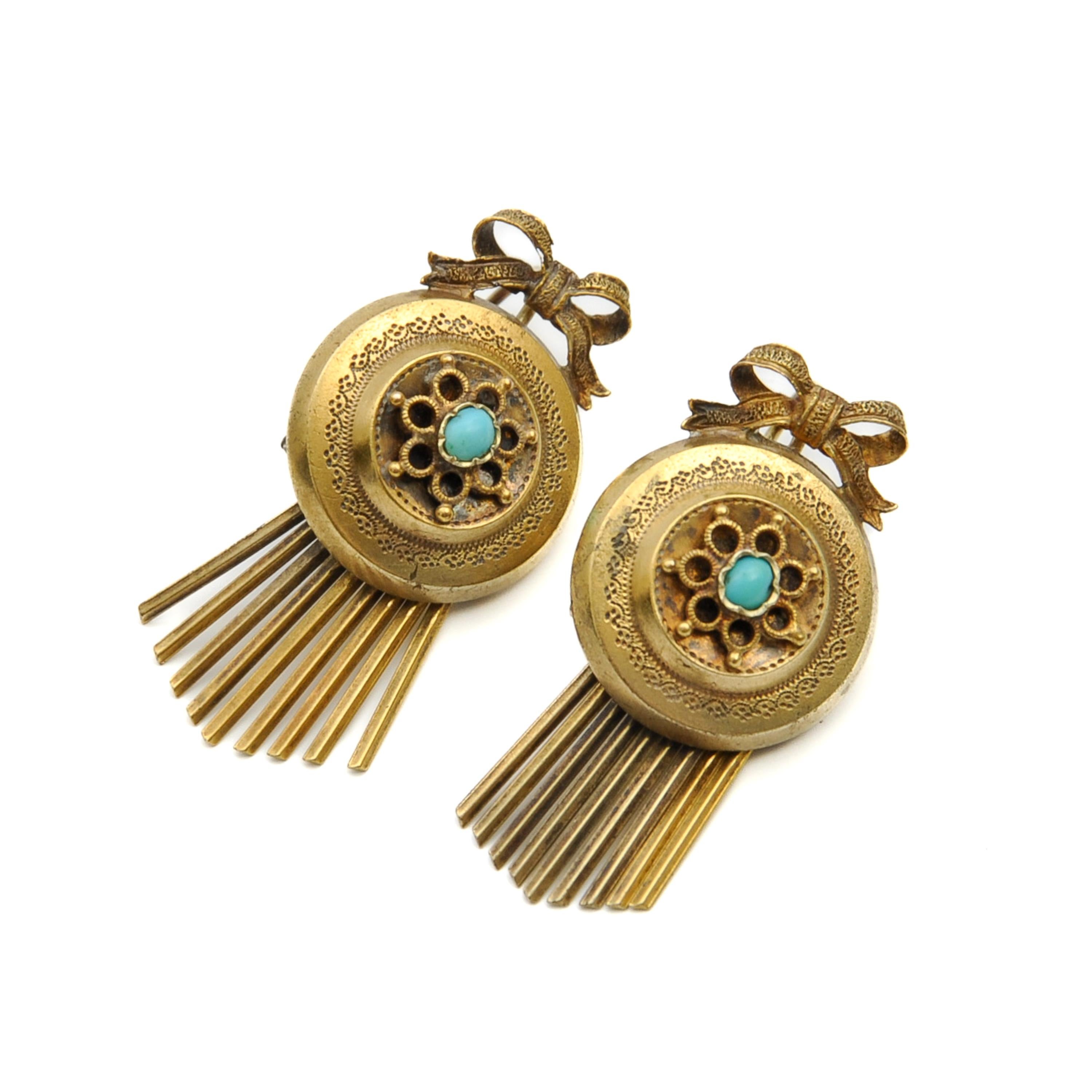 Antique Victorian Turquoise Gold Fringe Dangle Earrings  In Good Condition For Sale In Rotterdam, NL