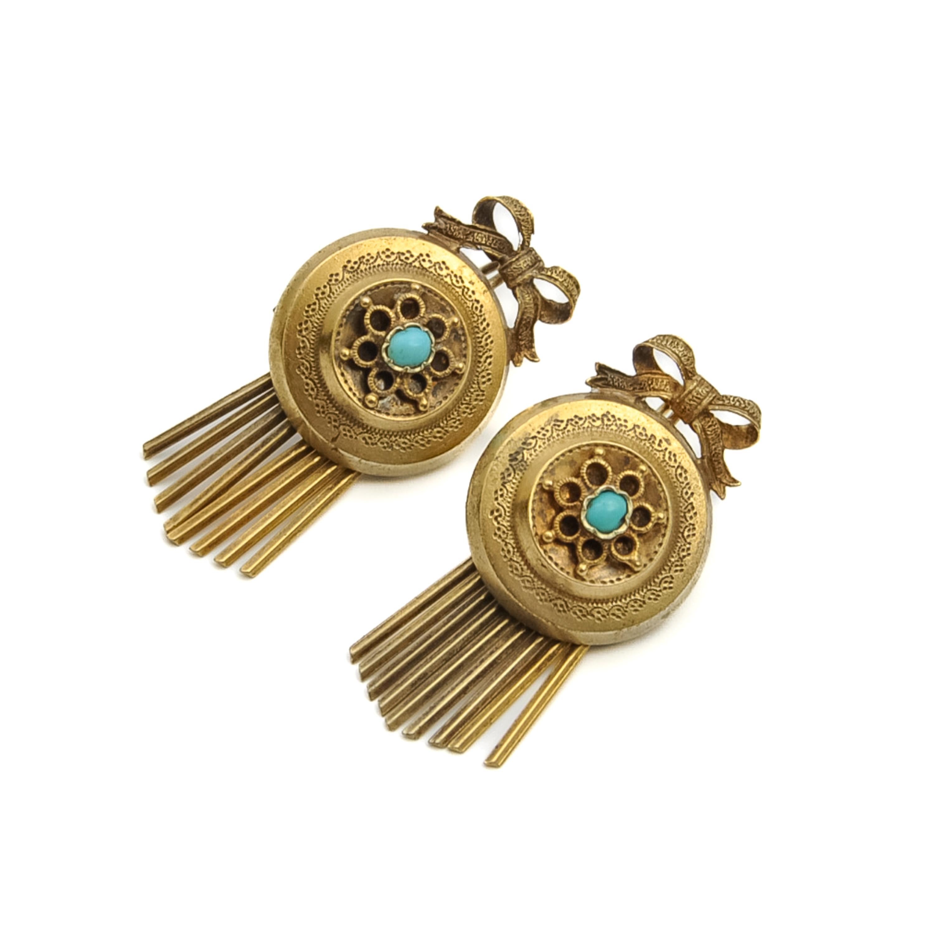 Antique Victorian Turquoise Gold Fringe Dangle Earrings  For Sale 1