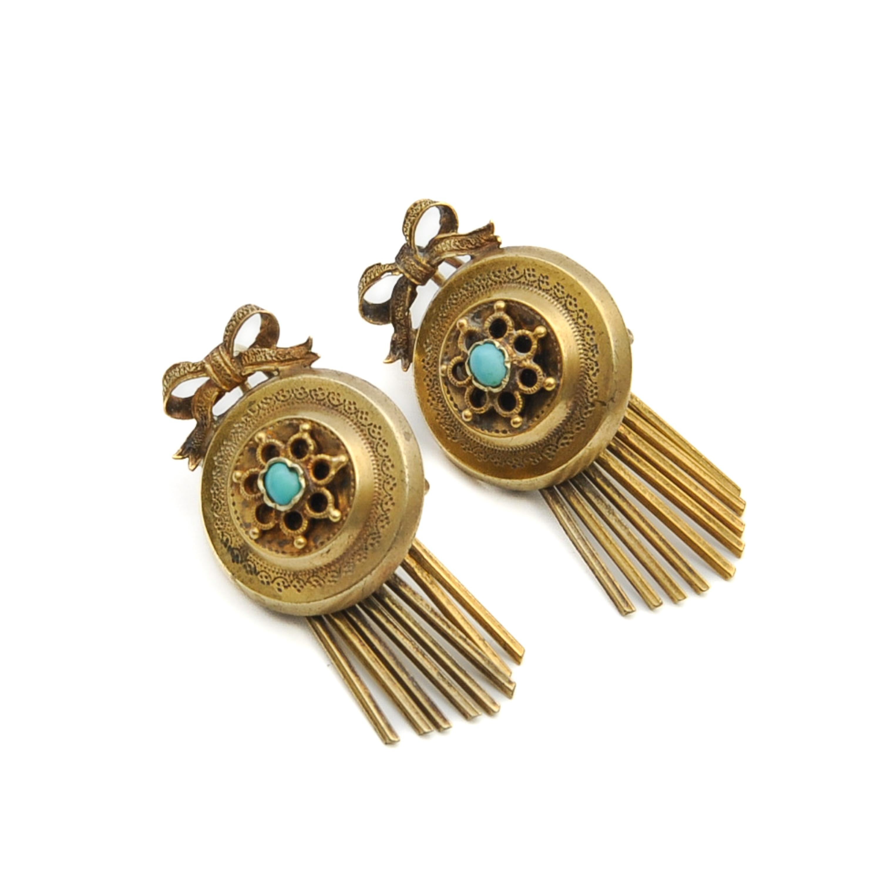Antique Victorian Turquoise Gold Fringe Dangle Earrings For Sale 2