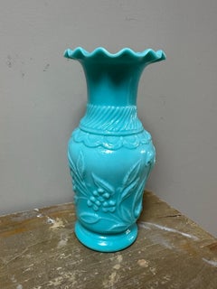 Victorian Turquoise Opaline Glass Vase, Ruffled Rim, Circa 1900