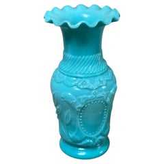 Victorian Turquoise Opaline Glass Vase, Ruffled Rim, Circa 1900