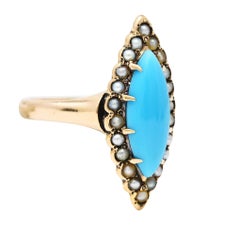 Victorian Turquoise Pearl 10 Karat Rose Gold Antique Navette Halo Ring