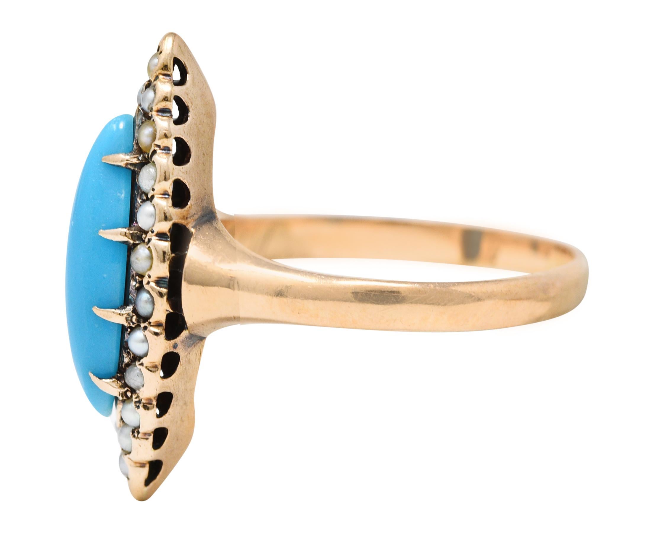 Women's or Men's Victorian Turquoise Pearl 10 Karat Rose Gold Antique Navette Halo Ring
