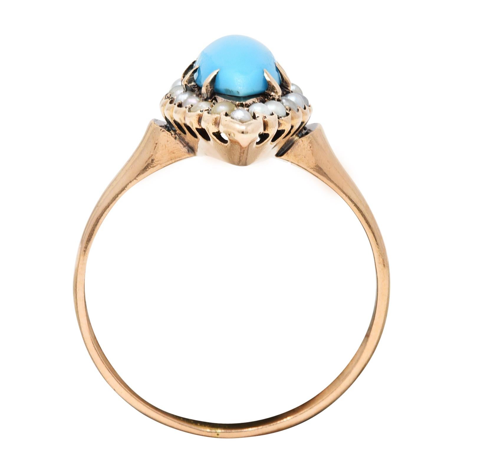 Victorian Turquoise Pearl 10 Karat Rose Gold Antique Navette Halo Ring 2