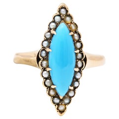 Bague halo victorienne en or rose 10 carats avec perle turquoise et navette ancienne