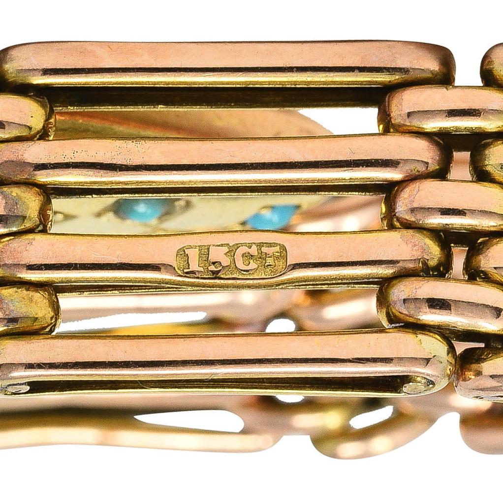 Victorian Turquoise Pearl 15 Karat Gold Heart Padlock Gate Link Bracelet 1