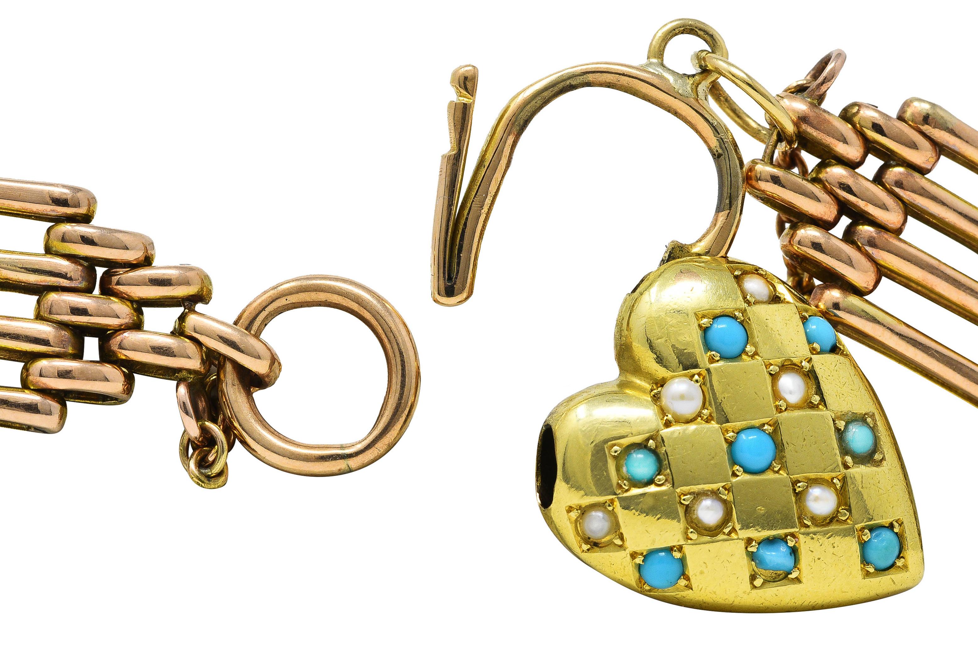 Victorian Turquoise Pearl 15 Karat Gold Heart Padlock Gate Link Bracelet 2