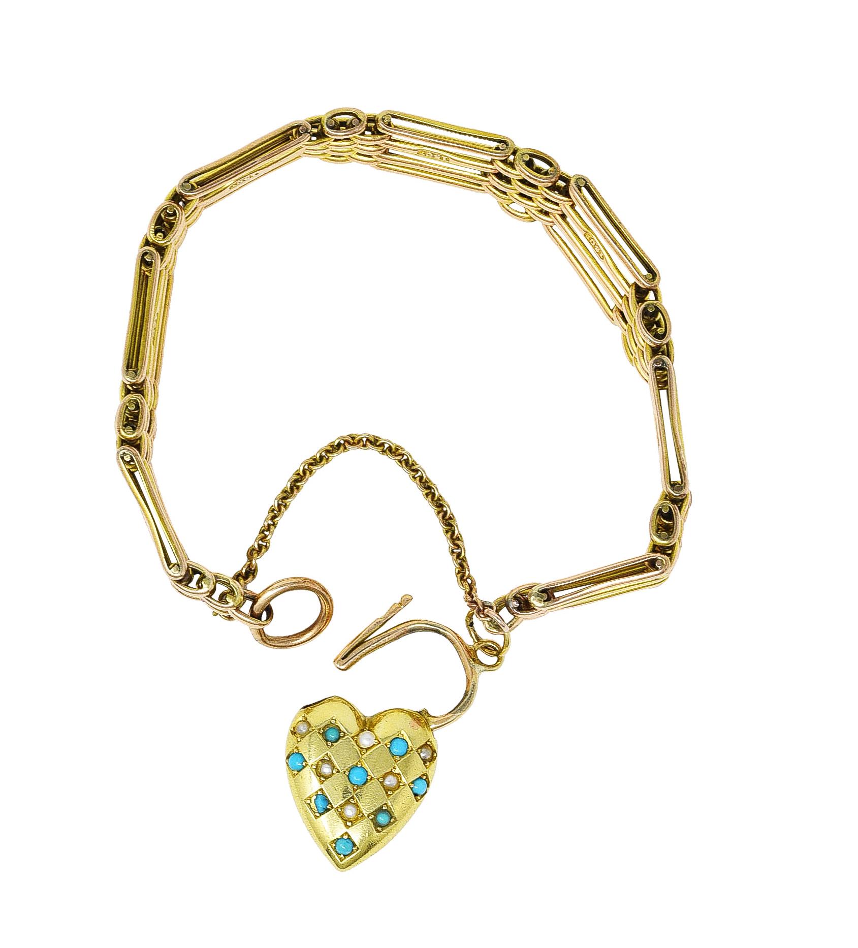 Victorian Turquoise Pearl 15 Karat Gold Heart Padlock Gate Link Bracelet 3