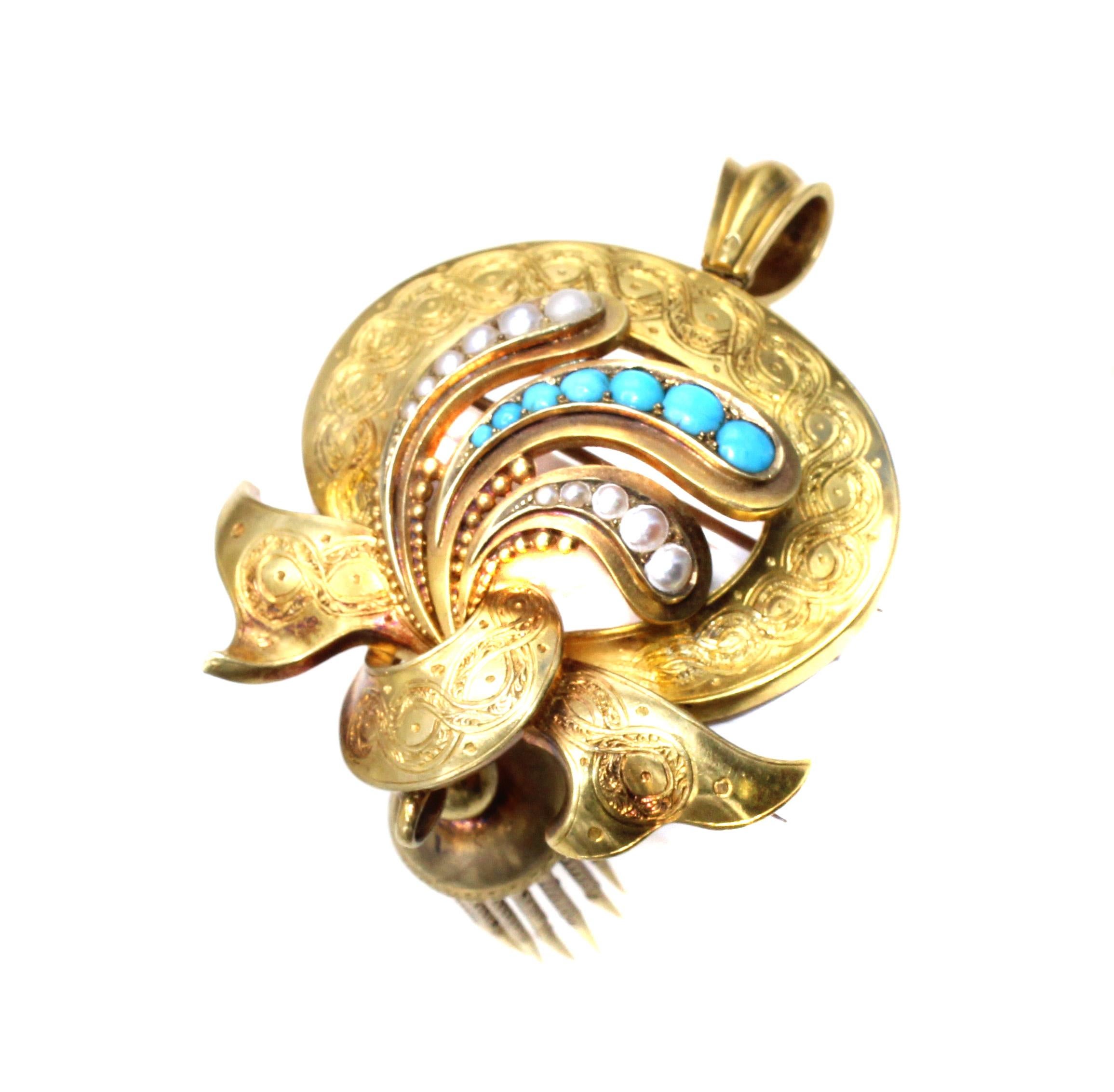 Mixed Cut Victorian Turquoise Pearl 15 Karat Gold Pendant Brooch