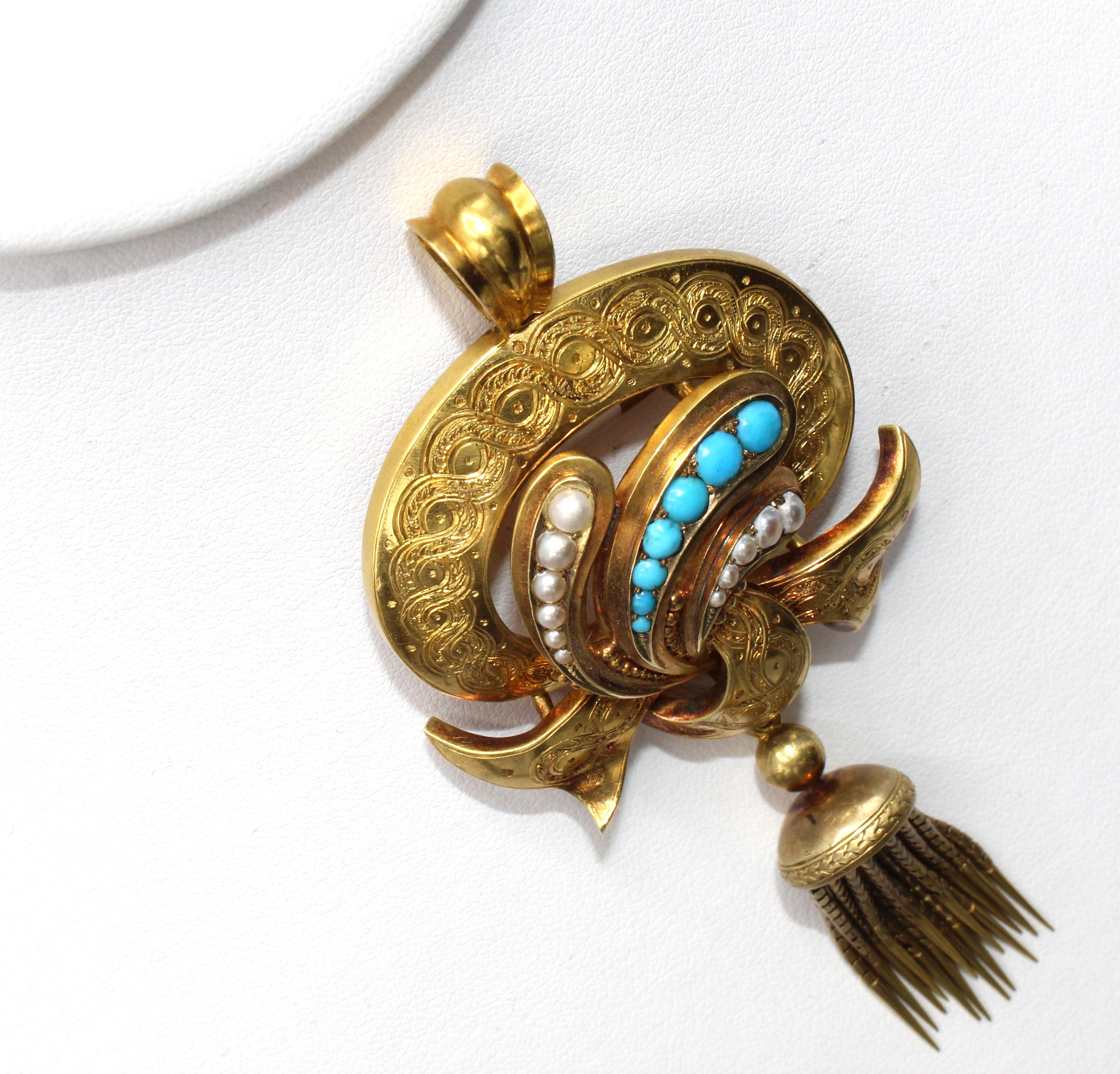 Victorian Turquoise Pearl 15 Karat Gold Pendant Brooch In Good Condition In New York, NY