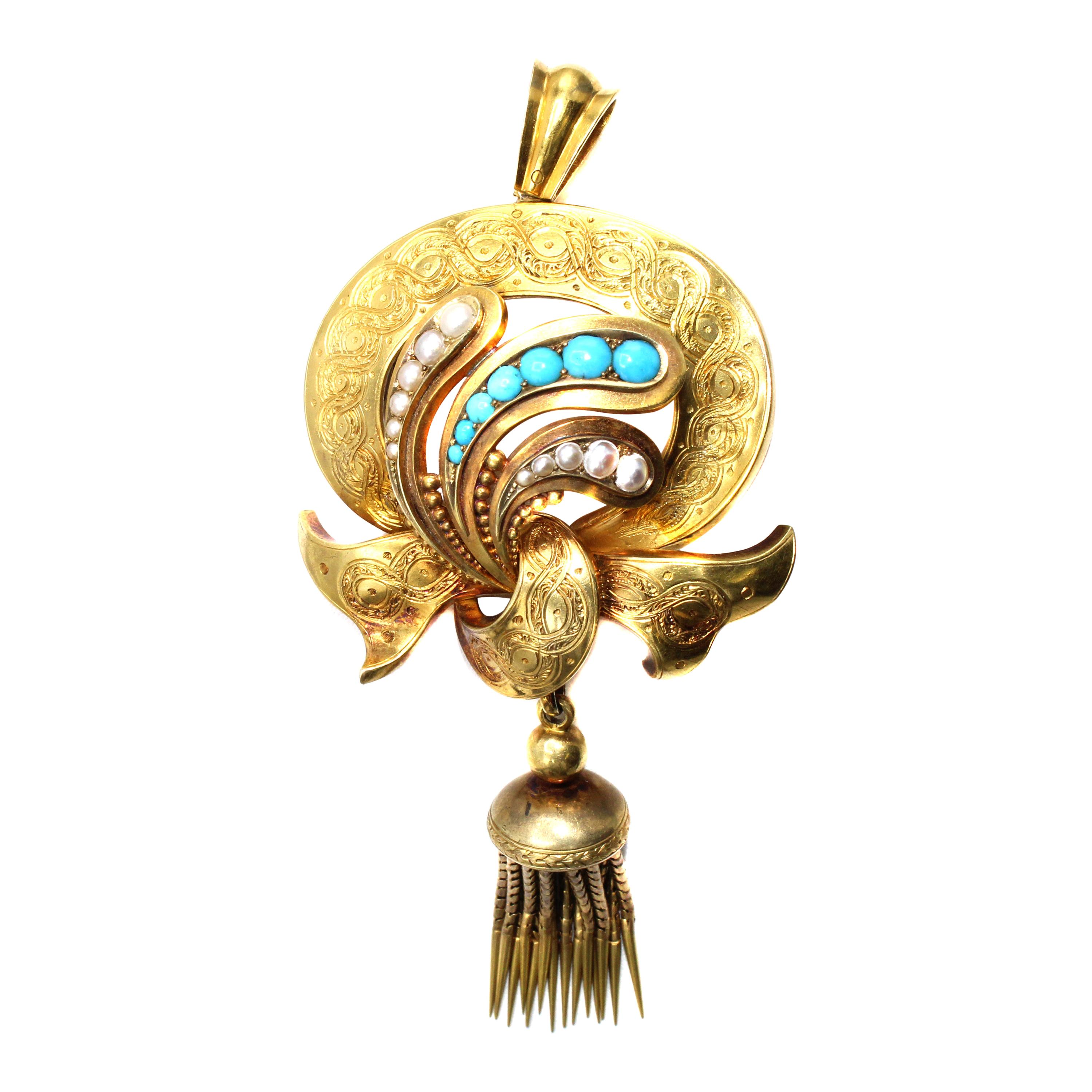 Victorian Turquoise Pearl 15 Karat Gold Pendant Brooch