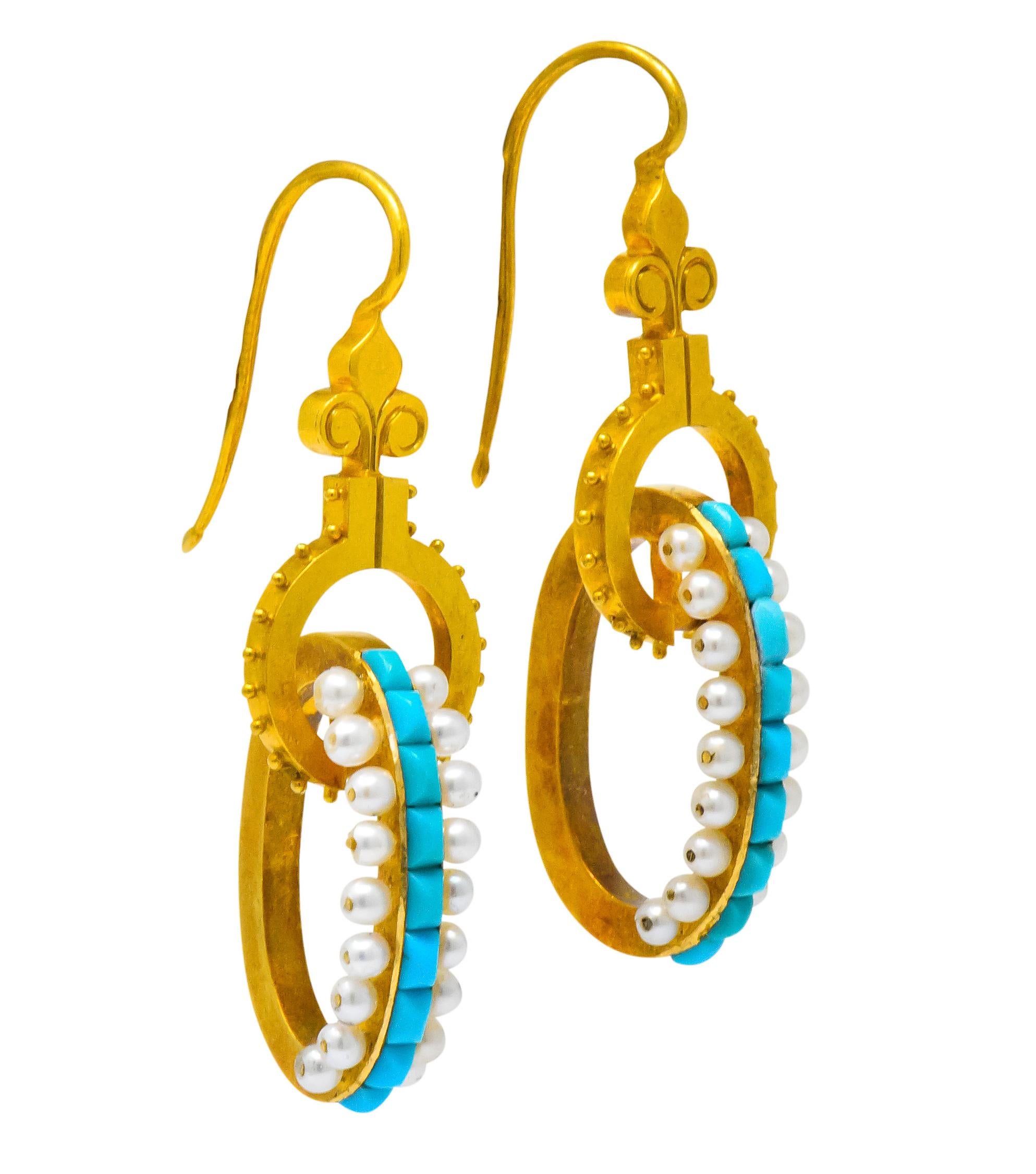 Women's or Men's Victorian Turquoise Pearl 18 Karat Gold French Articulated Drop Earrings