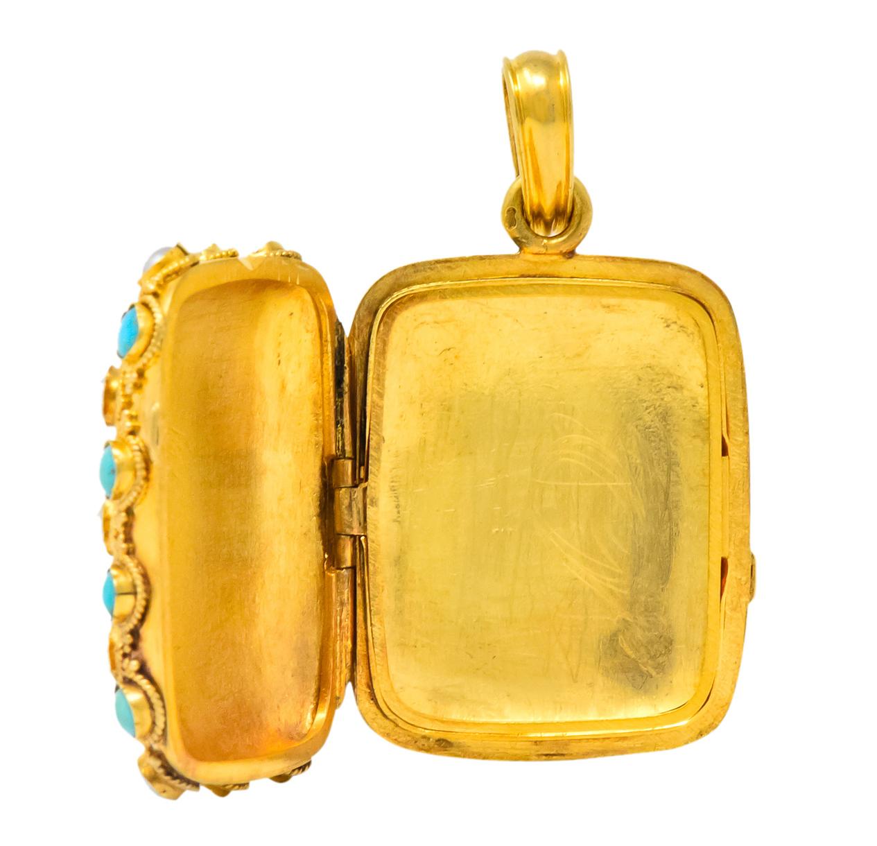 Designed as a rectangular locket with a framed glass panel

Back has satin finish while front is decorated with gold beads and rope motif surrounding bezel set turquoise and pearls

Turquoise are round cabochons measuring approximately 2.8 mm,