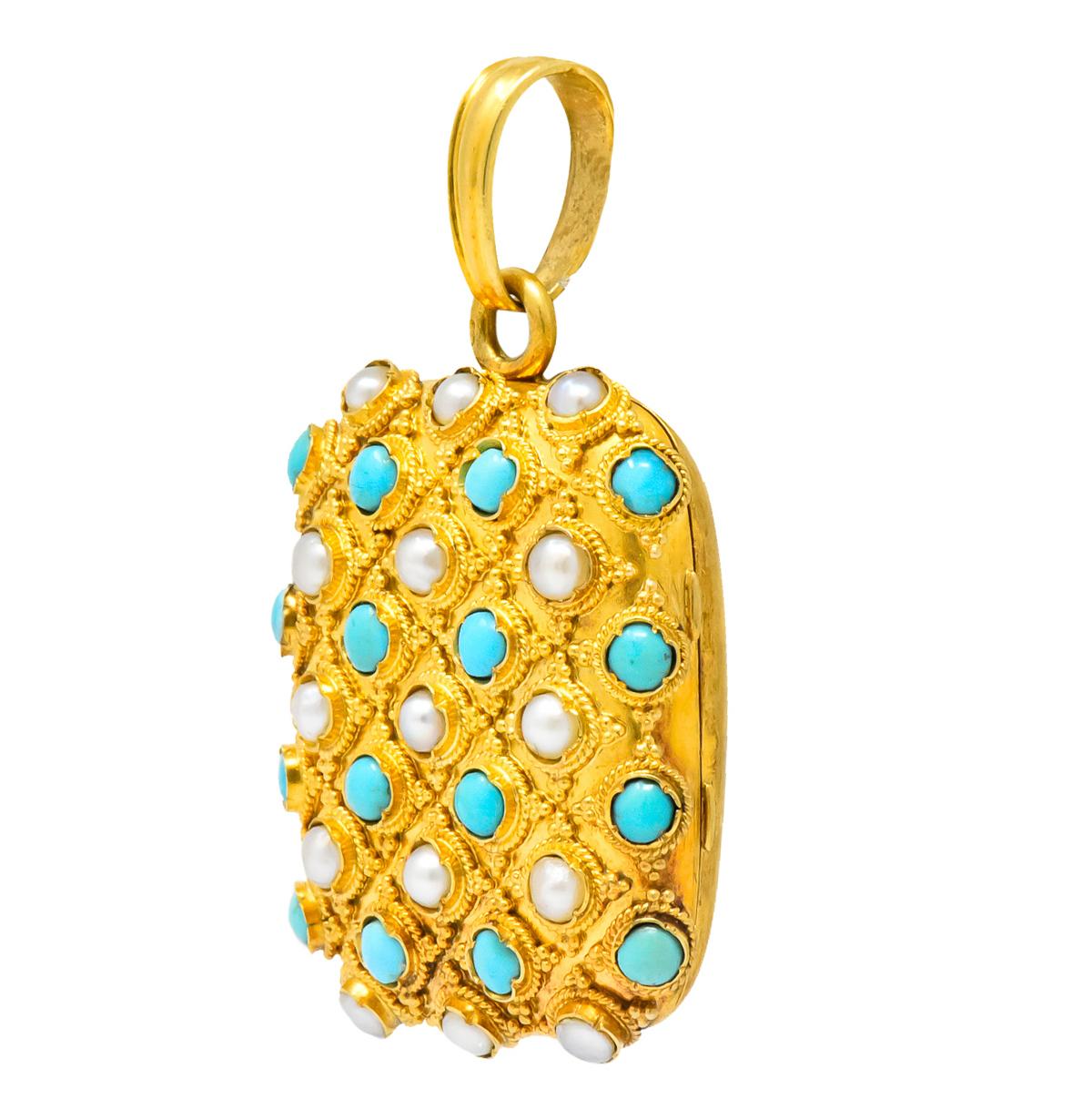 Edwardian Victorian Turquoise Pearl 18 Karat Gold French Locket Pendant