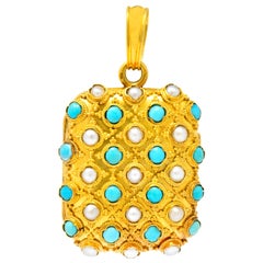 Victorian Turquoise Pearl 18 Karat Gold French Locket Pendant