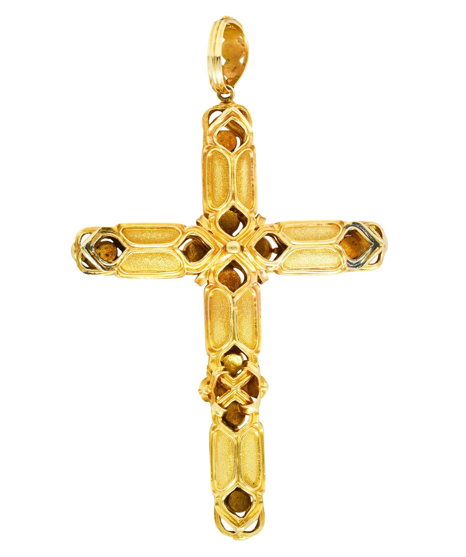 Cabochon Victorian Turquoise Pearl 18 Karat Yellow Gold Cross Vintage Pendant For Sale