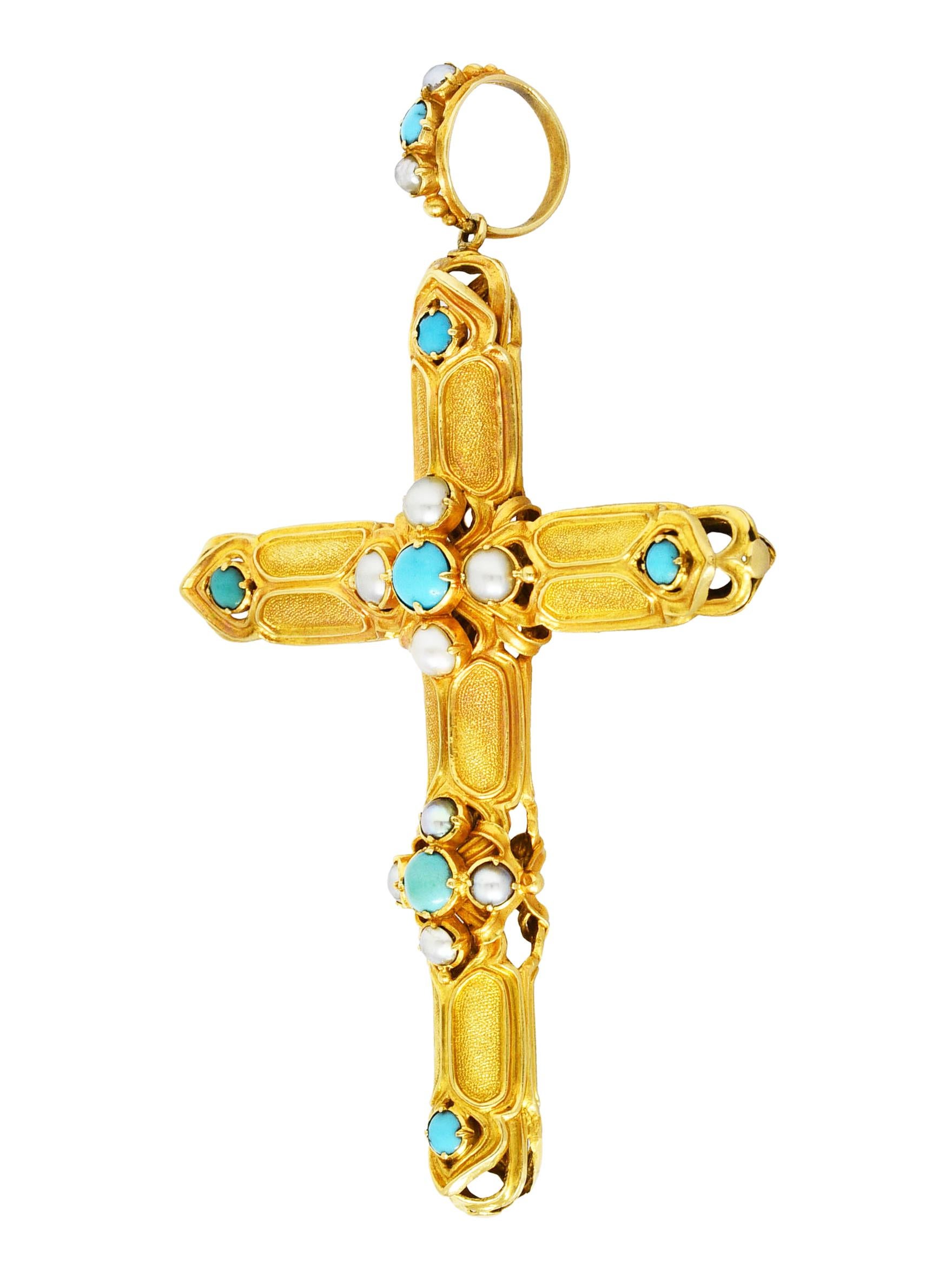 Victorian Turquoise Pearl 18 Karat Yellow Gold Cross Vintage Pendant In Excellent Condition In Philadelphia, PA