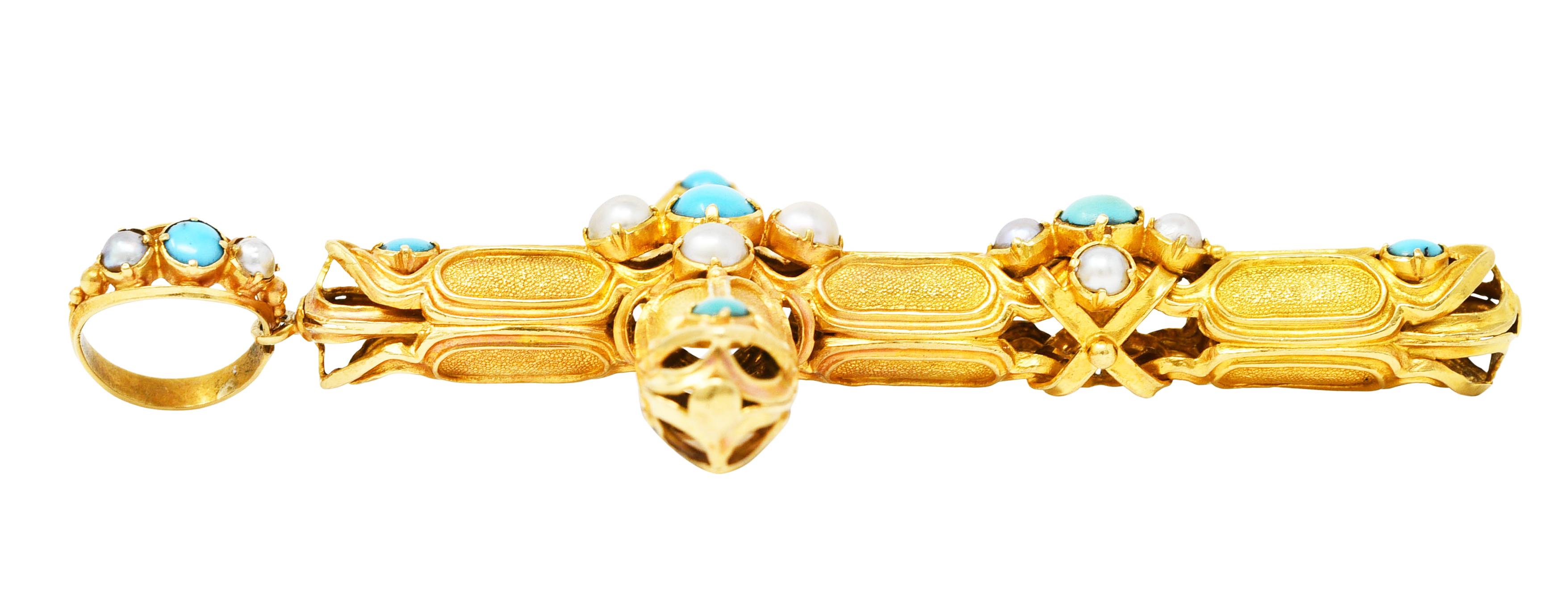 Victorian Turquoise Pearl 18 Karat Yellow Gold Cross Vintage Pendant 1