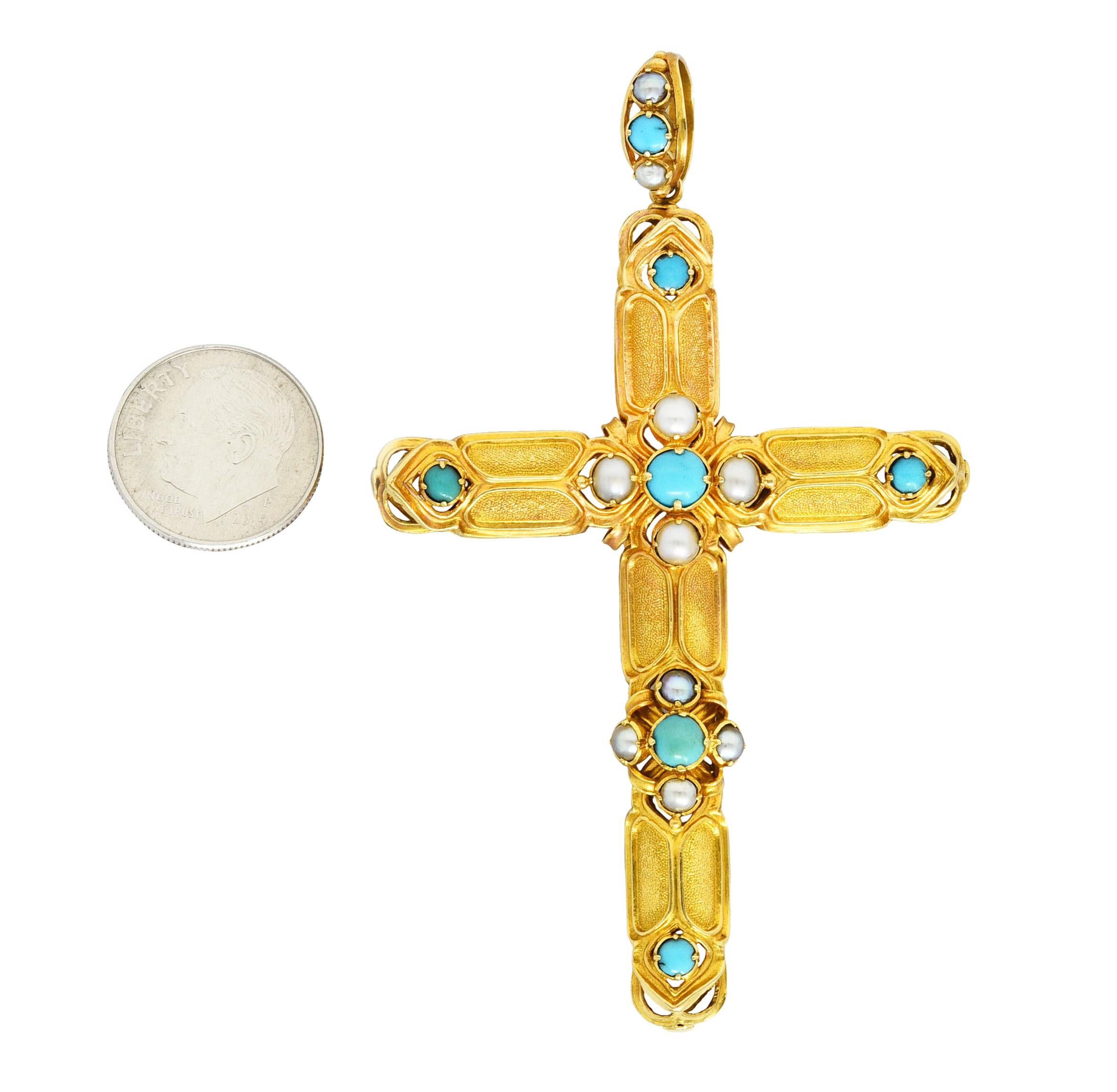 Victorian Turquoise Pearl 18 Karat Yellow Gold Cross Vintage Pendant For Sale 2