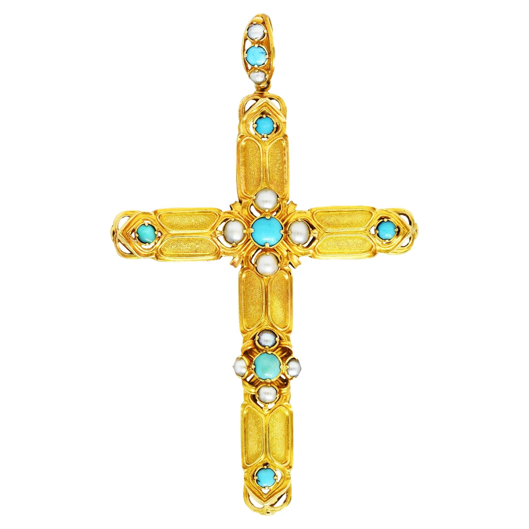 Victorian Turquoise Pearl 18 Karat Yellow Gold Cross Vintage Pendant For Sale