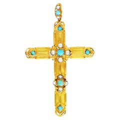 Victorian Turquoise Pearl 18 Karat Yellow Gold Cross Antique Pendant