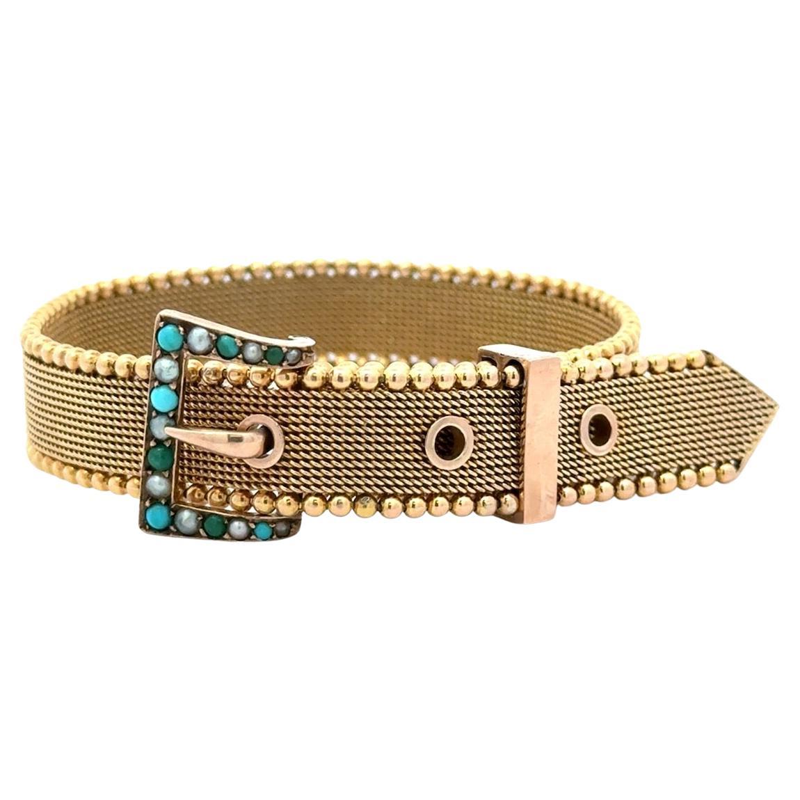 Bracciale vittoriano a cintura regolabile in oro 9K con turchesi e perle in vendita