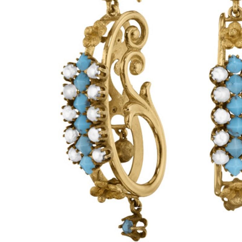 Cabochon Victorian Turquoise, Pearl and Gold Scroll Earrings