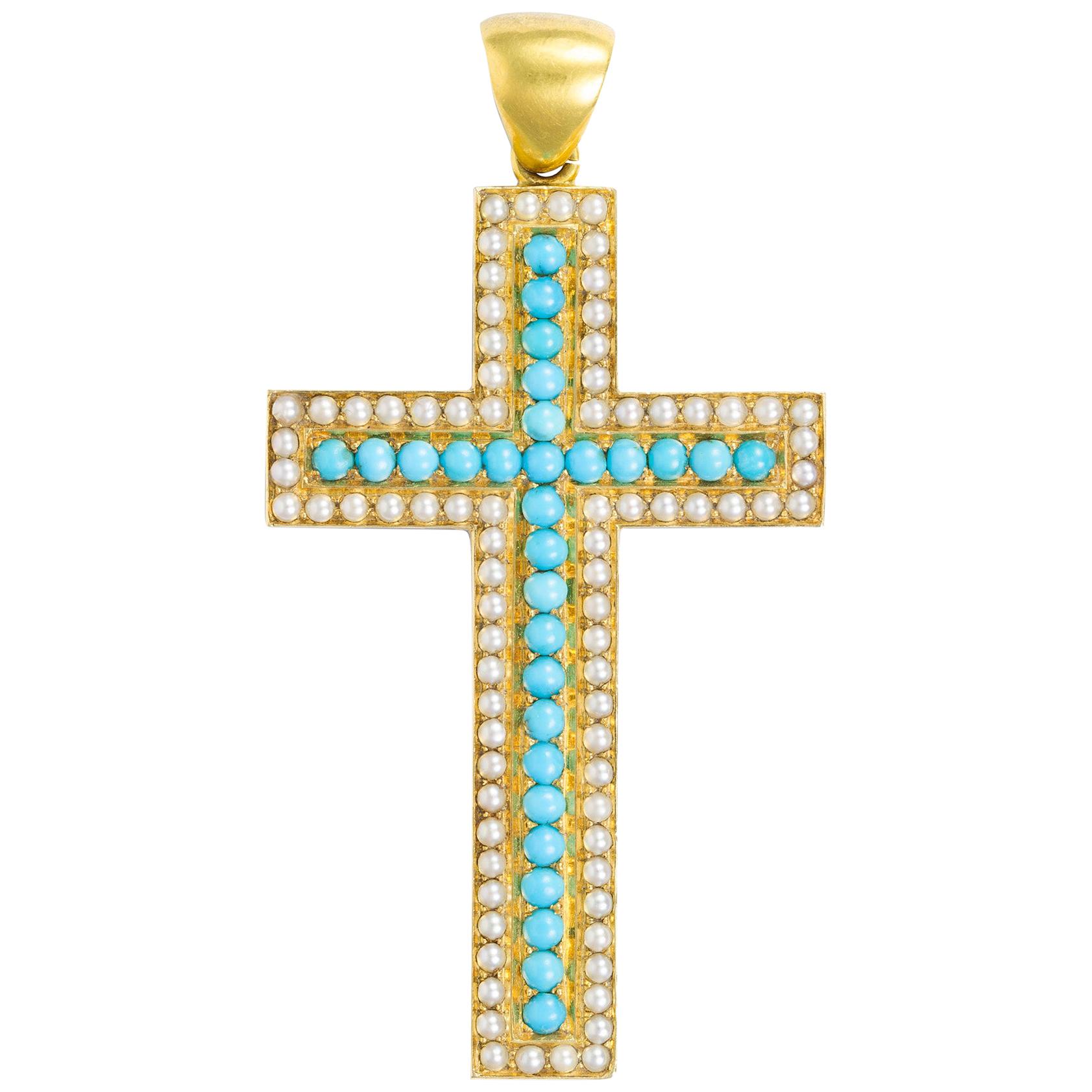 Pendentif croix victorien en or jaune, turquoise et perles