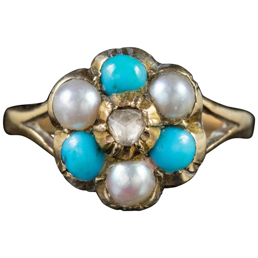 Victorian Turquoise Pearl Cluster Ring 9 Carat Gold Georgian Face, circa 1880 For Sale