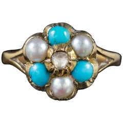 Victorian Turquoise Pearl Cluster Ring 9 Carat Gold Georgian Face, circa 1880