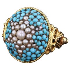 Anello di conversione vittoriano con cupola di perle turchesi in oro 10k