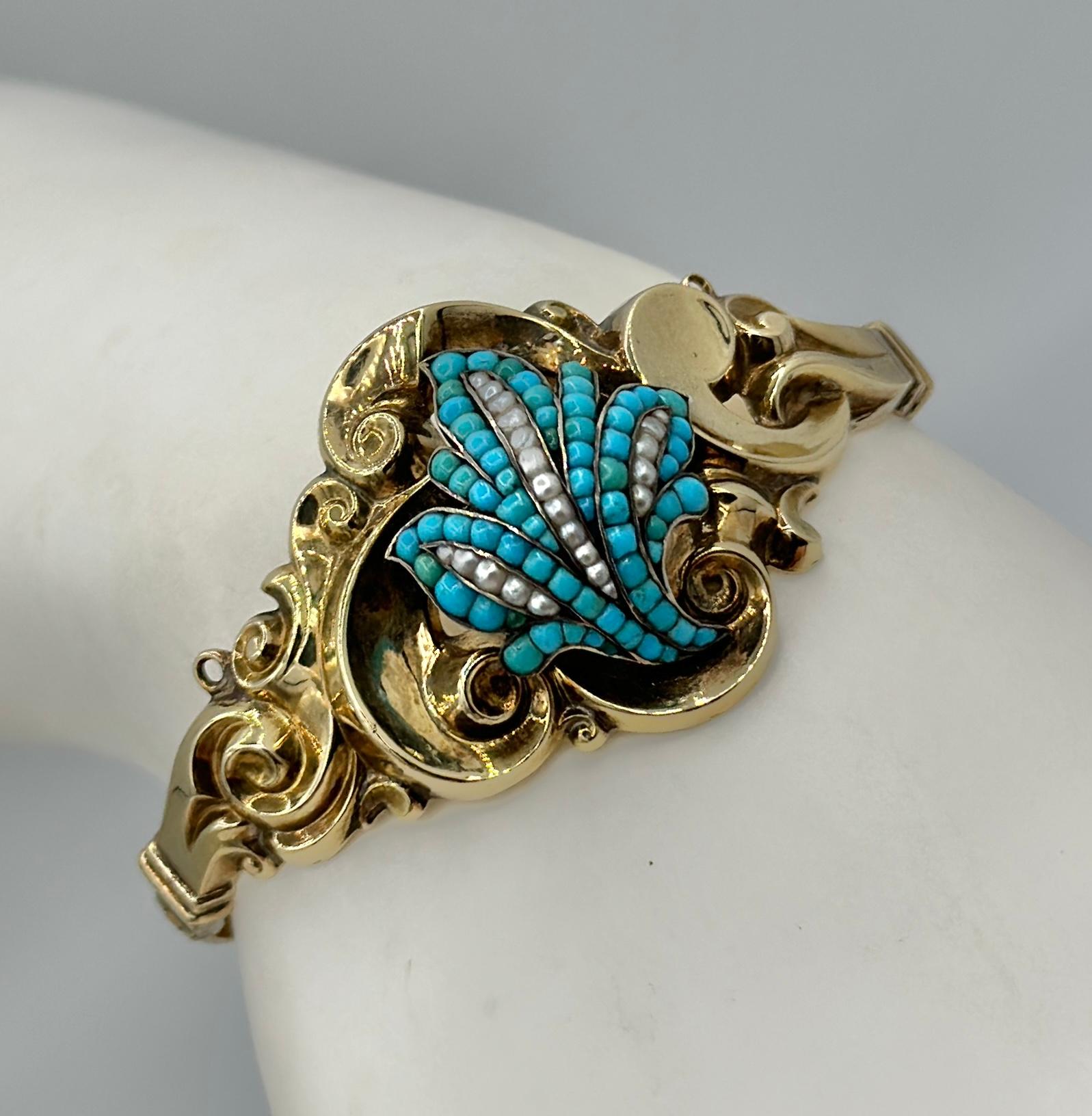 Victorian Turquoise Pearl Gold Bangle Bracelet Scroll Leaf Motif For Sale 5