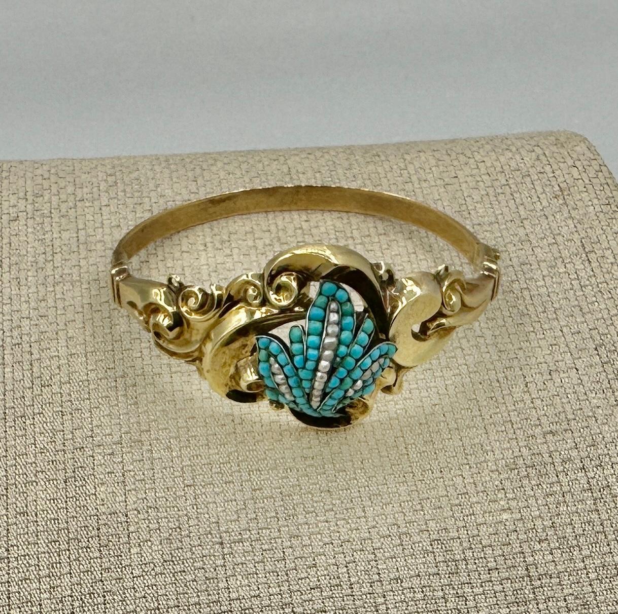 Victorian Turquoise Pearl Gold Bangle Bracelet Scroll Leaf Motif For Sale 6