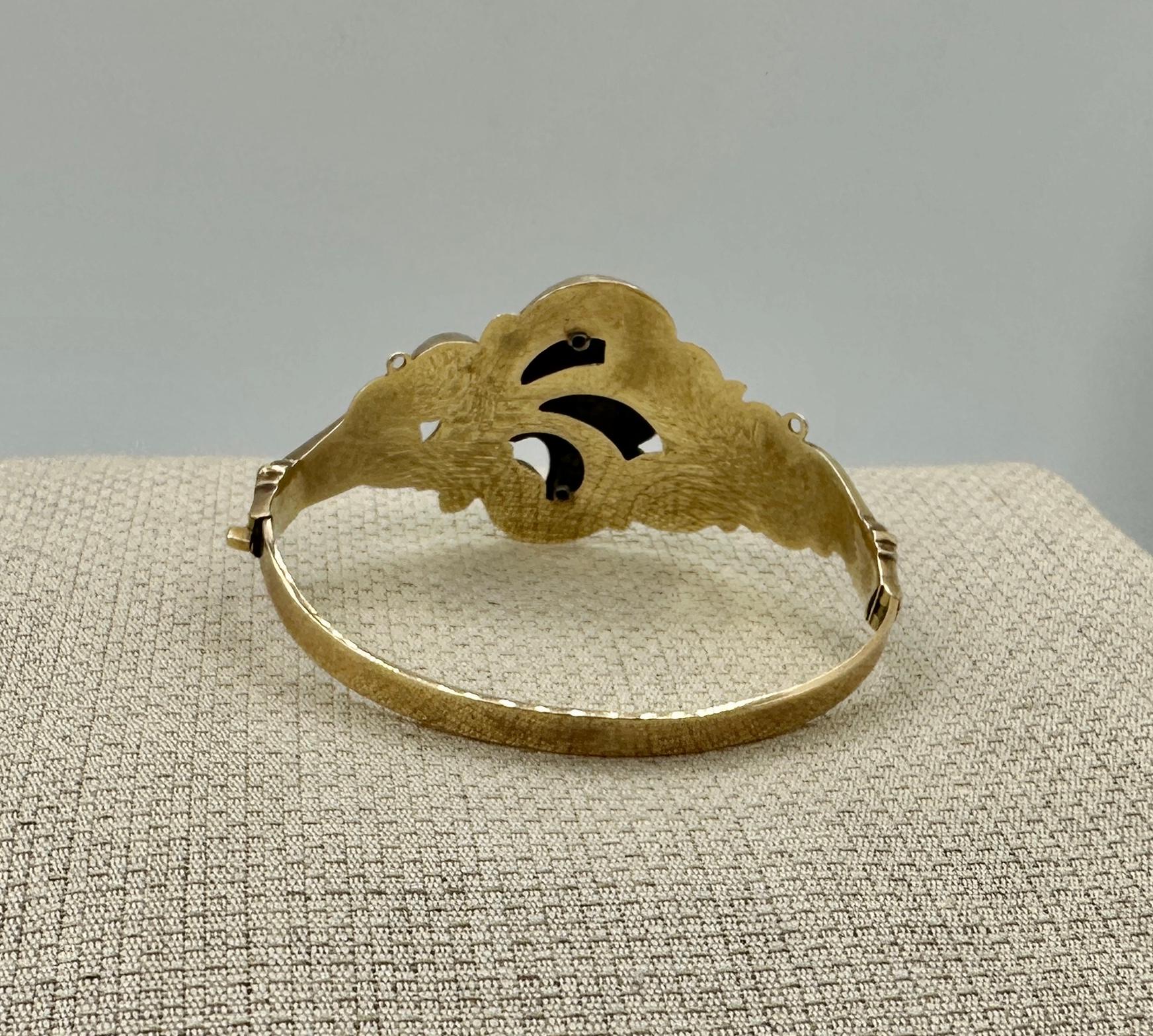 Victorian Turquoise Pearl Gold Bangle Bracelet Scroll Leaf Motif For Sale 7