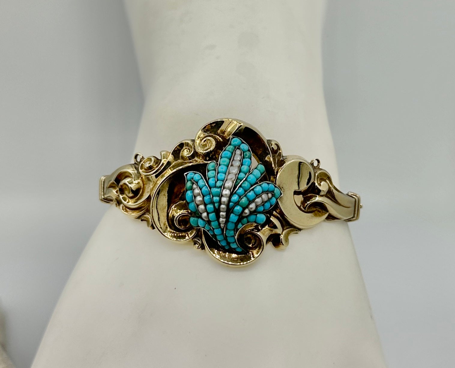 Cabochon Victorian Turquoise Pearl Gold Bangle Bracelet Scroll Leaf Motif For Sale