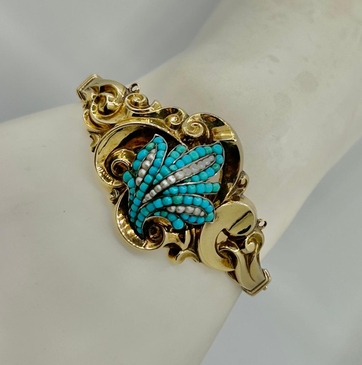 Women's Victorian Turquoise Pearl Gold Bangle Bracelet Scroll Leaf Motif For Sale