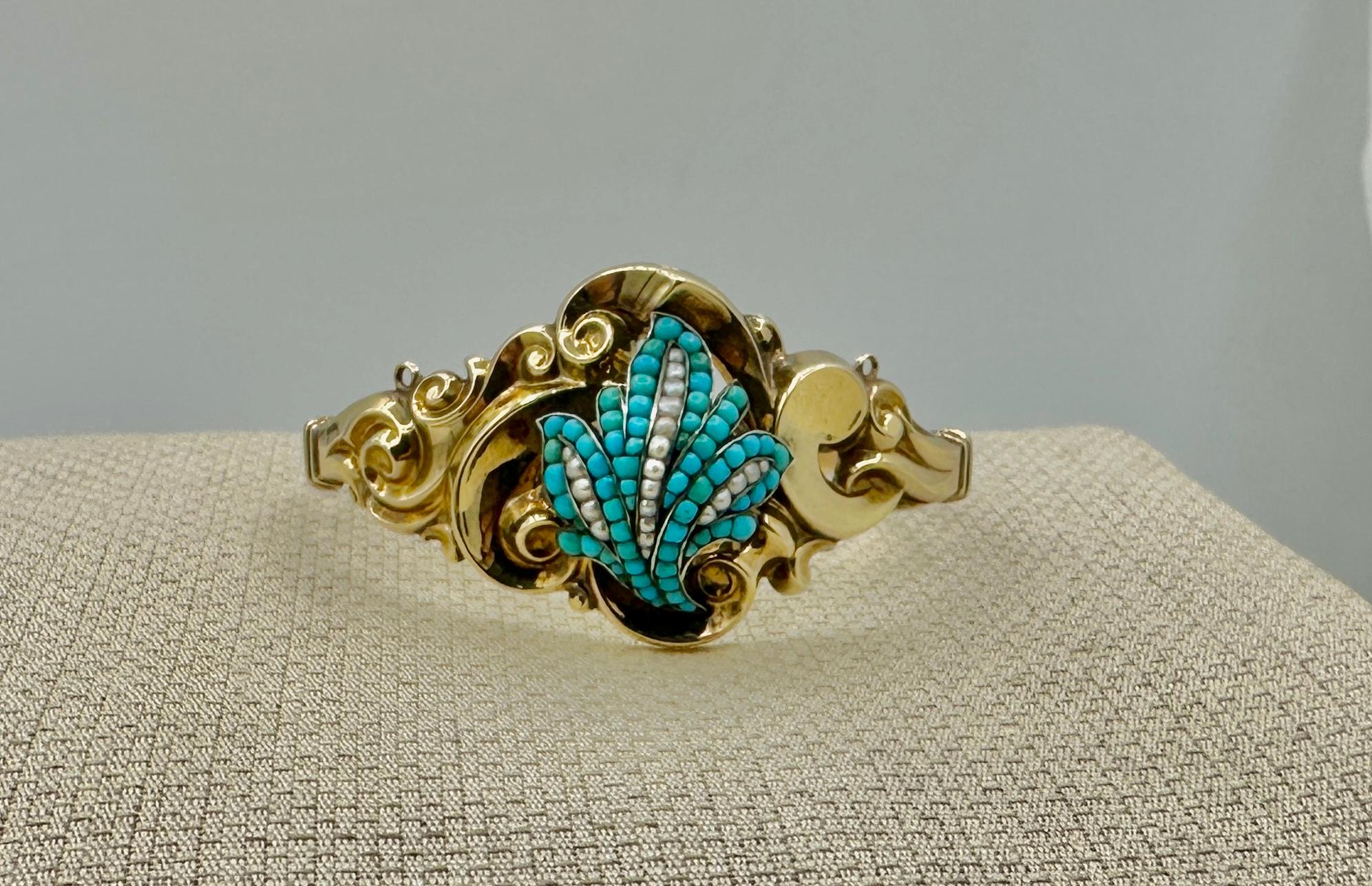 Victorian Turquoise Pearl Gold Bangle Bracelet Scroll Leaf Motif For Sale 1