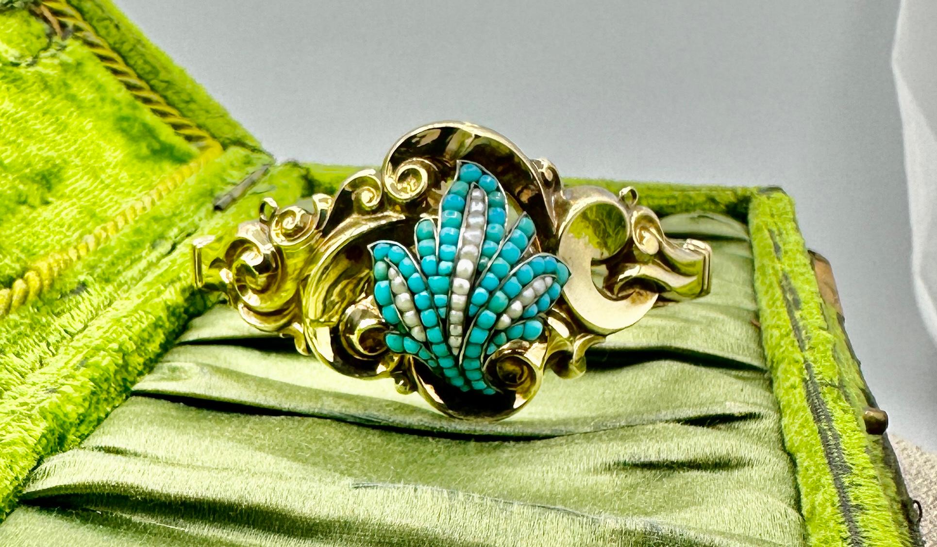 Victorian Turquoise Pearl Gold Bangle Bracelet Scroll Leaf Motif For Sale 2