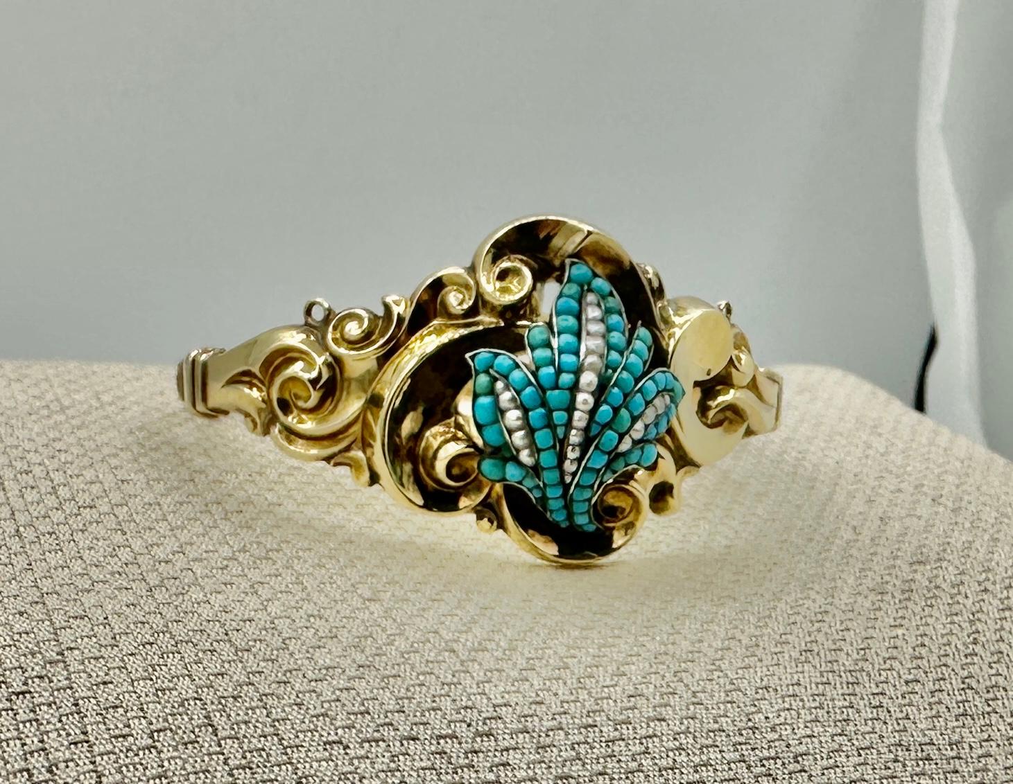 Victorian Turquoise Pearl Gold Bangle Bracelet Scroll Leaf Motif For Sale 3