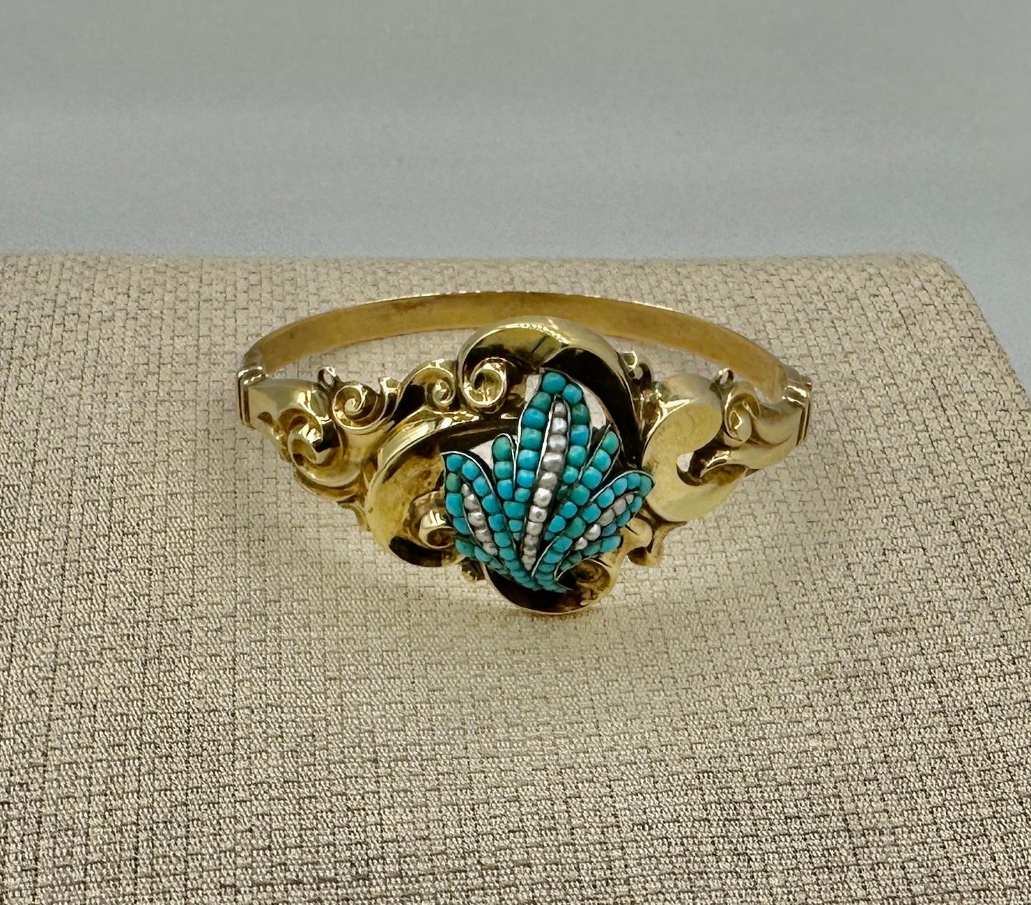 Victorian Turquoise Pearl Gold Bangle Bracelet Scroll Leaf Motif For Sale 4