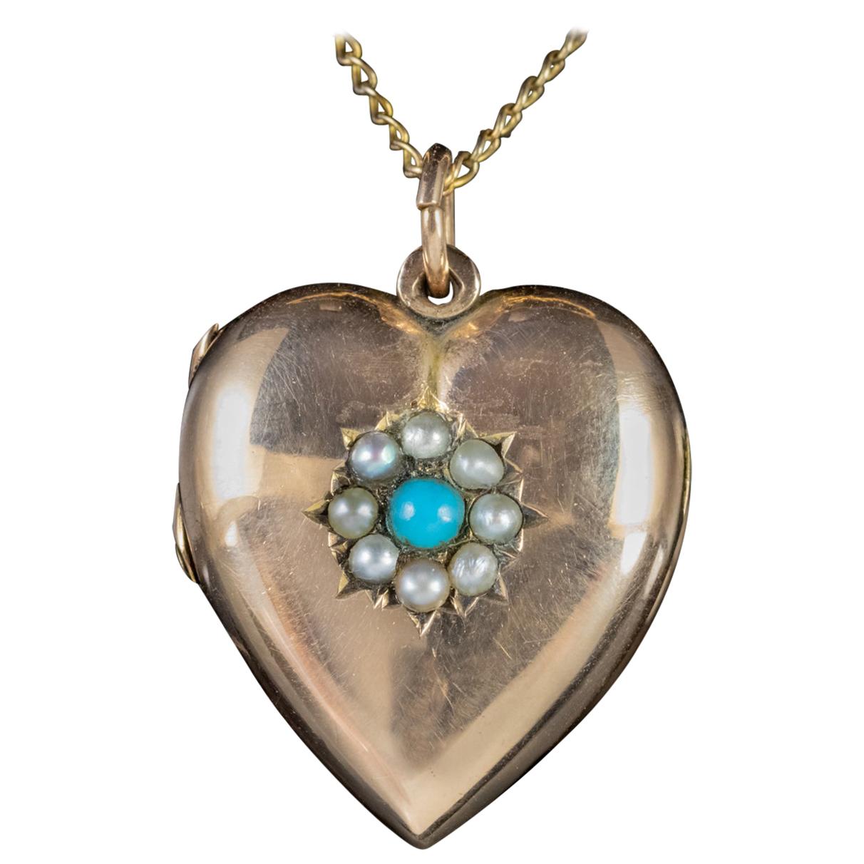 Victorian Turquoise Pearl Heart Locket Necklace 9 Carat Gold Dated 1898 For Sale