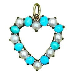 Collier pendentif en forme de coeur en turquoise et perle d'origine victorienne Charm Gold Antique Lavaliere