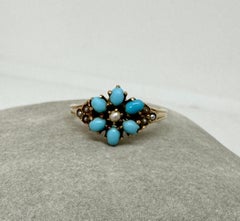 Victorian Turquoise Pearl Ring Flower Motif Gold Antique Engagement Ring