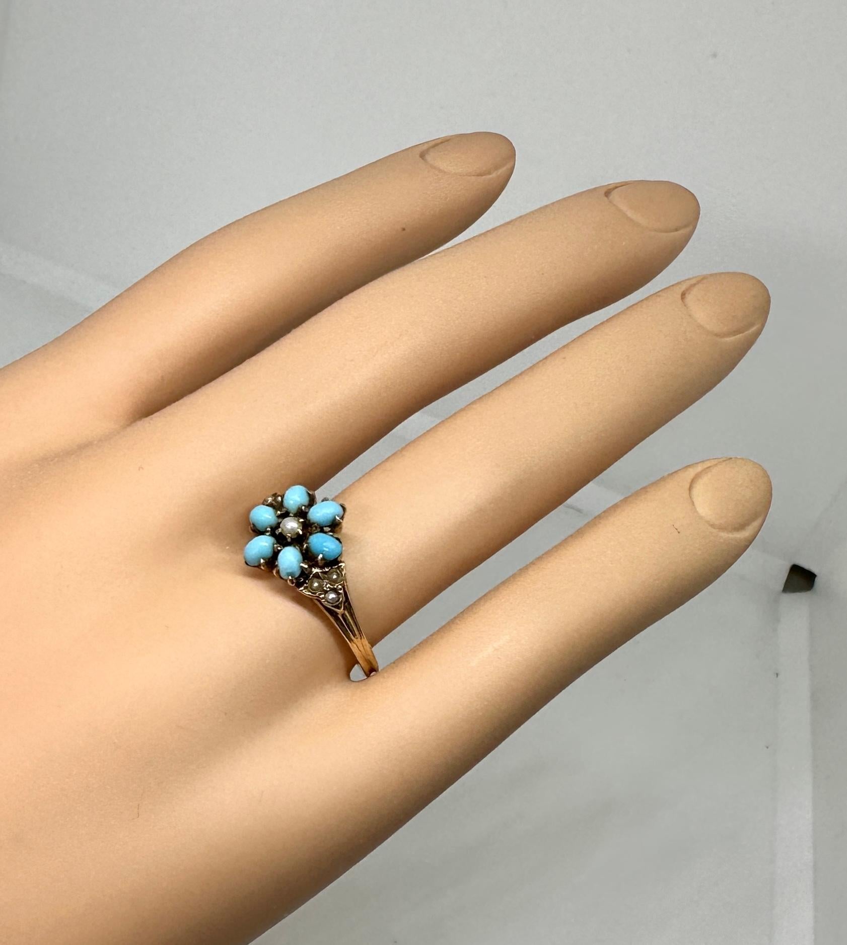 Cabochon Victorian Turquoise Pearl Ring Flower Motif Gold Antique Engagement Ring For Sale